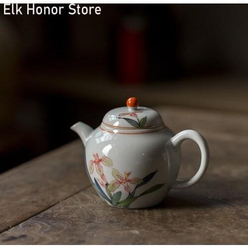 155ml Retro Plant Ash Ceramic Teapot Hand Painted Iris Art Teakettle Japanese Style Flower Single Mater Pot Household Accessorie