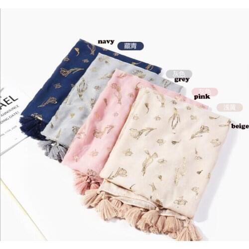 2021 Fashion Newest Rose Floral Gold Foil Pattern Cotton Voile Tassel Scarf Shawls Wraps Hijabs 4Colors 10pcs/lot