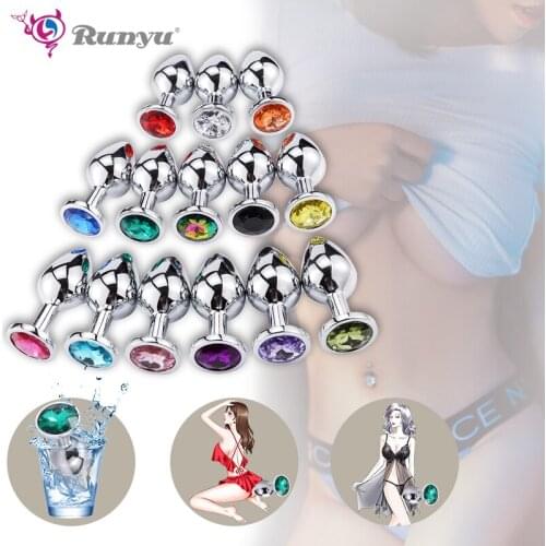 Runyu Medium Size Metal Anal Plug for Men 14 Jewel Colors Butt Plug Aluminium Alloy Anal Plug for Women Men Sex Toys Sex Shops