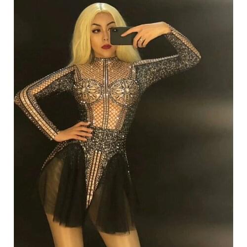 Glisten Silver Rhinestones Stretch Bodysuit Womens Party Dance Clothes Nightclub Celebrate Outfit Female Singer Show Outfit