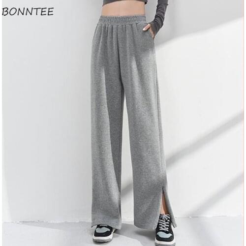 Casual Pants Women Spring Chic Elegant Female High Waist All-match Side-slit Wide Leg Harajuku Trousers Full Length Loose Solid
