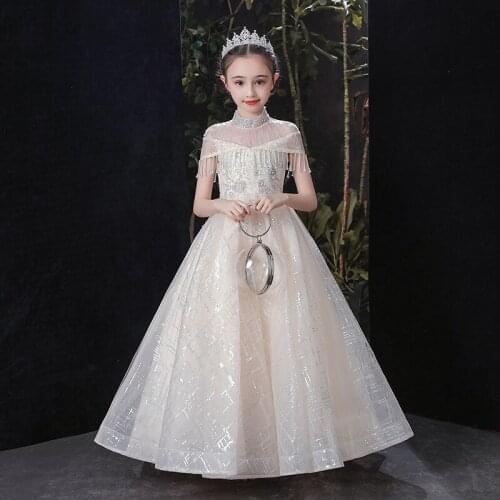 Beads Sequin Tulle Flower Girl Wedding Dress Formal Evening Party Long Dress Kids Dresses For Girls Princess Prom Ball Gown