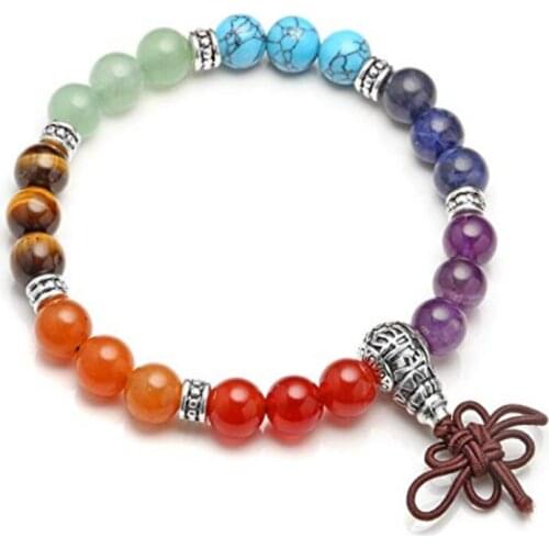 FYJS Unique Silver Plated Handmade Weave 8 mm Round Beads Colorful Stones Healing Chakra Bracelet for Meditation Jewelry
