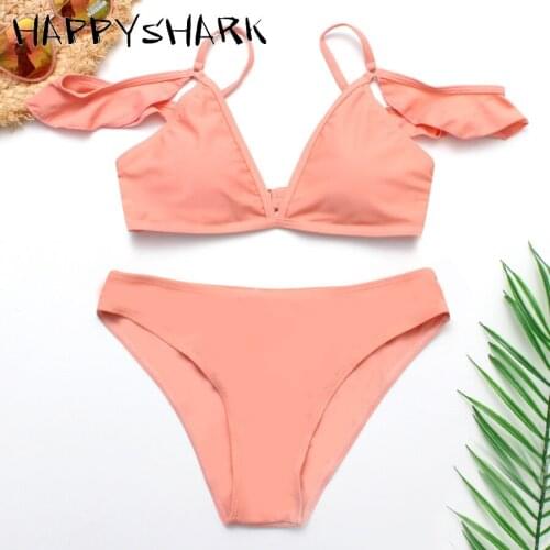 HAPPYSHARK Sexy Ruffle Brazilian Bikinis 2019 Lotus Edge Swimsuit Pink Trikini Women Summer Cut Out Swimwear Maillot De Bain