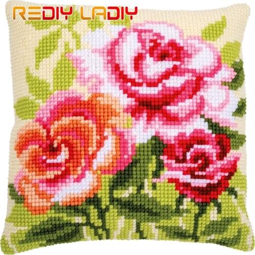 Cross Stitch Cushion Cover Three Roses Pillow Case Pre-Printed Canvas Thick Yarn Cross-stitch Kits Needlepoint Arts and Crafts