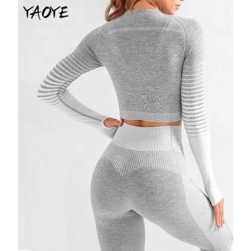 YAOYE 2PCS Long Sleeve Crop Top + High Waist Leggings Women Yoga Set Workout Sportswear Gym Clothing Fitness Sports Suits