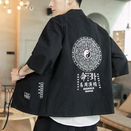 Cotton Cardigan Jacket Men Chinese Style Streetwear Fashion Hip Hop Casual Coat Loose Kimono Jacket Size M-5XL