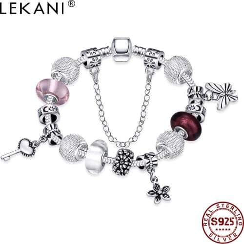 LEKANI Antique Silver Plated Charm Bracelet & Bangle with Love lock and Flower Beads Women Wedding Jewelry 2020 HOT SALE