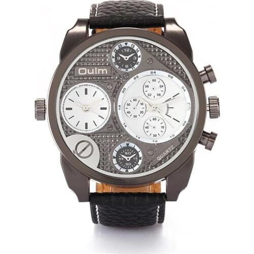 Mens Watches Top Brand OULM 22mm Leather Strap Fashion Design 2 Time Zone Large Dial Casual Quartz Watch Reloj Hombre Grande