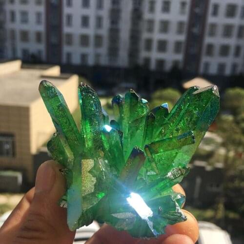 Natural crystal clusters green halo quartz crystal ti bismuth si clusters 90-100g