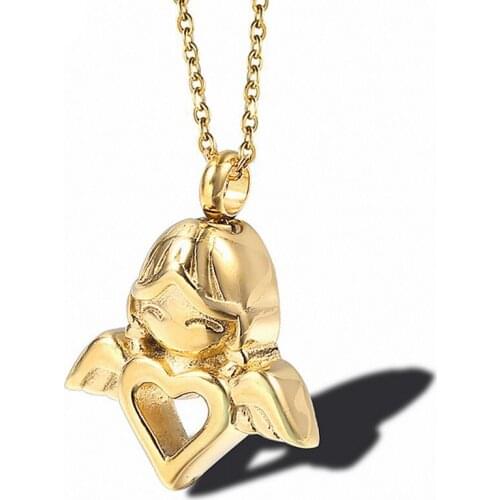 RIR Gold Angel Cremation Necklace Heart Shaped Angel Baby Ashes Urn Necklace Hold For Women In Stainless Steel