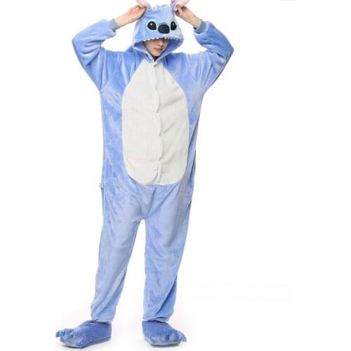 Kigurumi stitch long sleeve hood onsie pijama stitch Flannel warm stich onesies for adults Whole onepiece animal pajamas