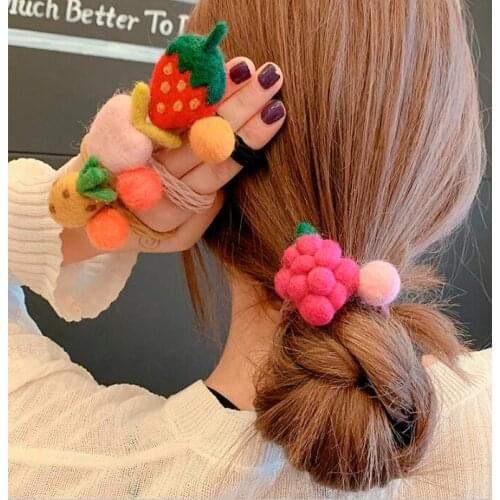 36pcs/lot DIY Simple Multi Wool Felt Cartoon Fruits Rubber Band Elasticity Ponytail Hair Bands Styling Tool Accessory HA1670