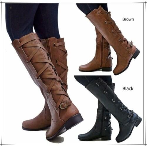Knee-High Boots For Women Retro Motorcycle Boot Buckle Strap Cross Tie Boots Woman Shoes Ladies Spring Boots Waterproof Rainboot