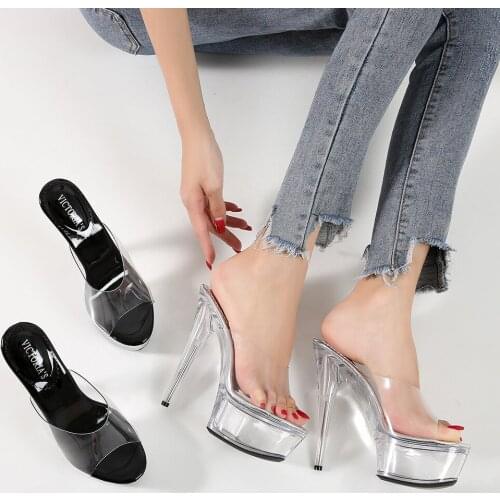Fashion High Heels Slippers Sandals Women 15CM Thin Heeled Wedding Model Catwalk Platforms Thick Bottom Slides Shoes DA0076