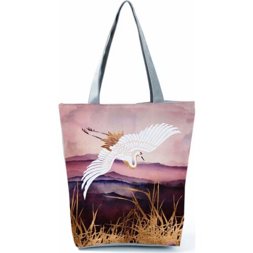Red-Crowned Crane Print Handbags Women Shoulder Bag Ukiyoe High Capacity Shopping Bag Fashion Beach Bag Landscape Graphic Tote