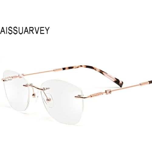 Rimless Glasses Frames Women Men Eyeglasses Optical Designer Prescription Stainless Steel Special Temple Clear Lenses Crystal