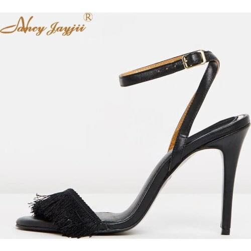 Female Shoes Woman Ladies Sandals Black Solid Ankle-Wrap Buckle Super High thin heels Basic Mature Elegant 2019 Patent Leather