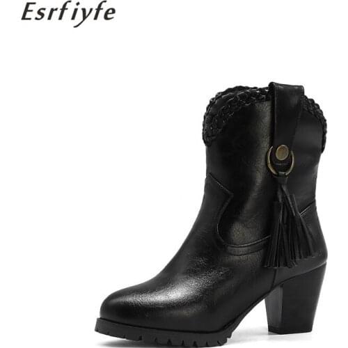 ESRFIYFE 2020 new large size Womens Ankle Boots Platform High Heels Boots Round Toe Winter Ladies Boots Black Boots Woman Shoes