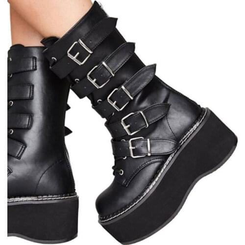 Brand Design Gothic Style Female Motorcycle Boots Black Flat Heel Platform Ankle Boots With Buckle Mid-Calf Women Fashion Boots