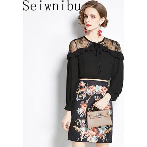 Fashion Runway Spring Autumn Suit Womens Long Sleeve Lace Splice Ruffles Shirts And Vintage Printed Skirt Two Pieces Lady Set