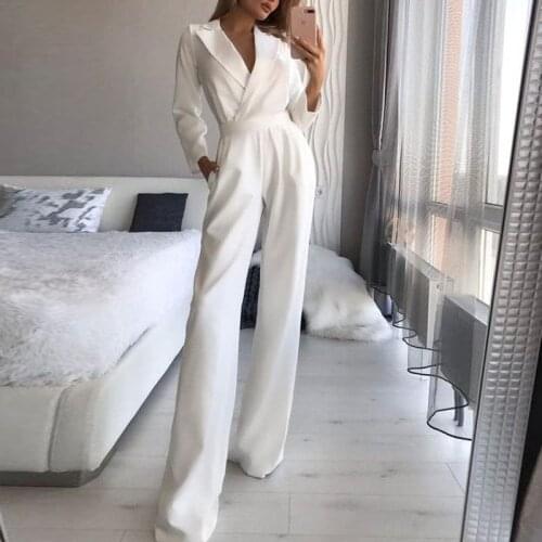 2021 Autumn Casual Solid Long Sleeve Jumpsuits Women Elegant Turn-Down Collar Romper Lady Fashion Wide Leg Pants Party Playsuit