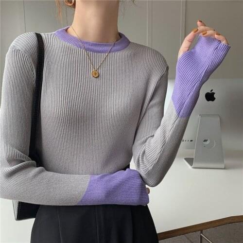 2021 Fall Sweaters Long Sleeve Fingers Slim Knitted Pullovers O-neck Color Patchwork Jumpers Women Casual Knitwear S078
