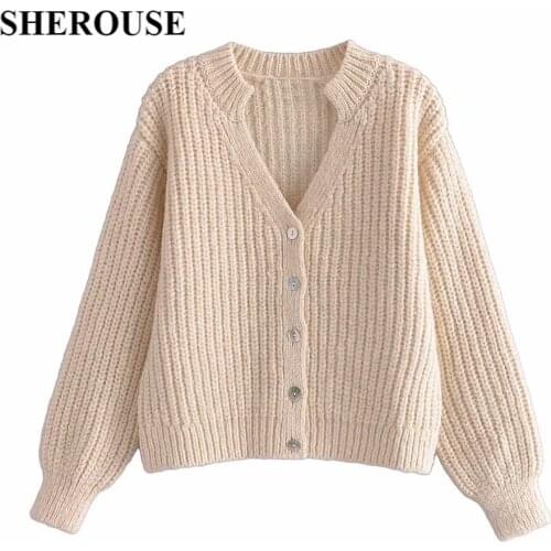 SHEROUSE Women Fashion Knitted Single Breasted Solid Cardigan O-Neck Long Sleeves Vintage Female Knit Sweater Chic Tops