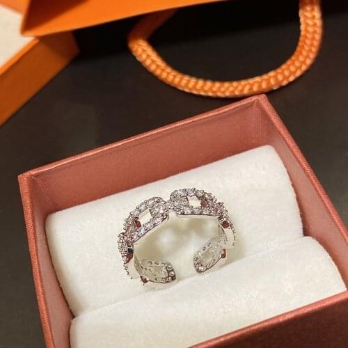 Women Ring Opening Micro Set Zircon White Gold Ring Fashion Charm Personality Geometric Shape Ring Banquet Wedding Birthday Gift