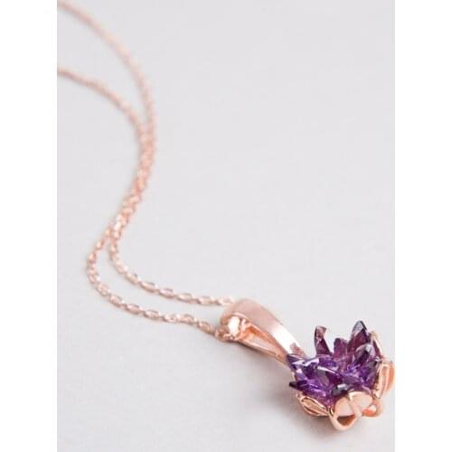 Womens Rose Plated Purple Zircon Stone Lotus Flower Pattern Necklace