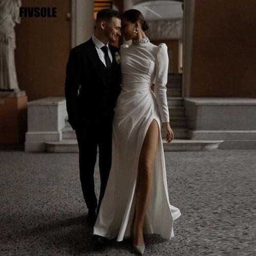 Fivsol V-Neck Satin Mermaid Wedding Dresses 2021 Vestidos De Noiva See Through Back Court Train Formal Saudi Arabia Bridal Gowns