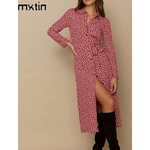 2021 Sprint Women Rose Print Midi Dress Vintage Lapel Collar Single Breasted Bow Tie Sashes Party Female Dresses Vestidos