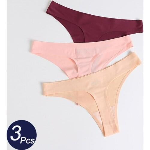 3Pcs/lot New Sexy Womens Ice Silk Panties Underwear Seamless Thongs Low Waist Solid Female Soft Comfort Lady Lingerie G-String