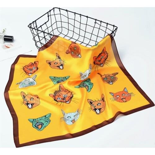 53cm Luxury Brand Square Scarves Women Cartoon Cat Bandanna Kerchief Summer Neckerchief Silk Spring Scarves For Ladies