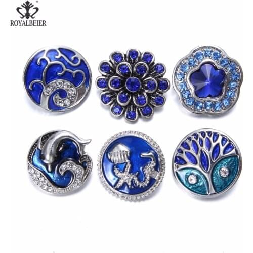 6pcs/lot Multi Color 18mm Snap Buttons Blue Metal Charms Mixed Pattern Snap Bracelet 18mm For 18mm/20mm Snap Jewelry KZ0907a