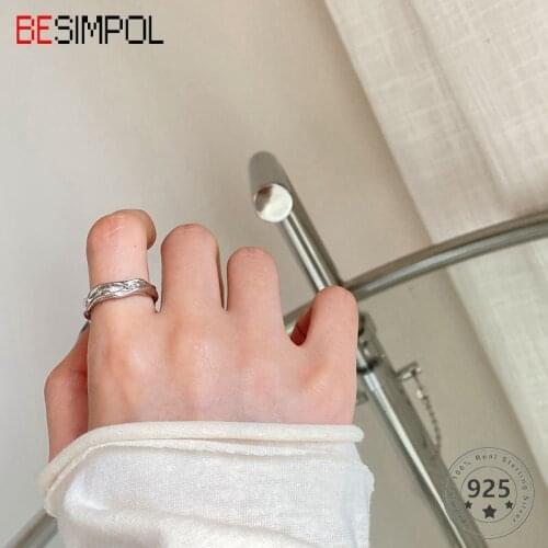 Besimpol Whole Real 925 Sterling Silver Irregular Ring Fashion Simple Adjustable Open Rings For Women Party Fine Jewelry Gifts