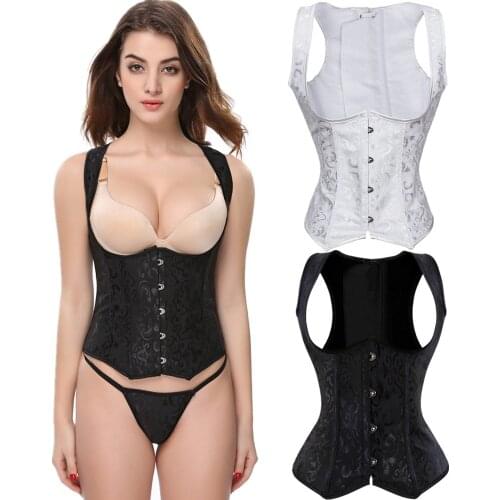 Black White Brocade Floral Steel Boned Underbust Corsets Bustier Waist Cincher Vest with Straps Corset Shaper Corselet Plus Size