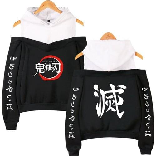 Demon Slayer Kimetsu no Yaiba Off Shoulder Hoodie women fleece Pullover ladies Tops girls patchwork Hoodies Sweatshirts