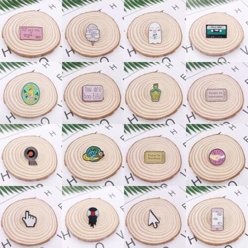 Cartoon Geometry Music CD Tape Mouse Pink Enamel Brooch Flight Ticket Wishing Bottle Ghost Planet Badge Pin Jewelry Gift For Kid