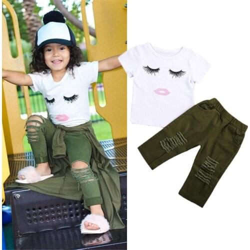 1-4Years Fashion Toddler Baby Girls Clothes Eyelash print T-shirt Tops Army Green Hole Long Pants Outfits Kids Summer Clothing