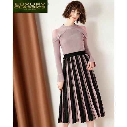Sets Piece Womens Two 2019 Knitted Tops and Skirts Set Spring Autumn Clothes Pink Outfit Party Conjuntos De Mujer LWL1636