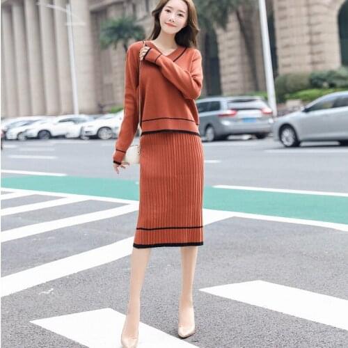 CS060 Qualities Women Sets Autumn Winter Warm Two Piece Set Fashion V-neck Slim 2 Piece Sweater Suit Knitting Skirt