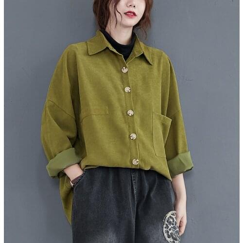 Fashion Women Single-Breasted Button Shirts Long Sleeved Autumn Korean Casual Solid Color Cardigans Loose Green Blouses Mujer