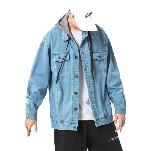 Mens Denim Jacket with Letter Hooded Denim Coats Plus Size Jeans Jacket Men