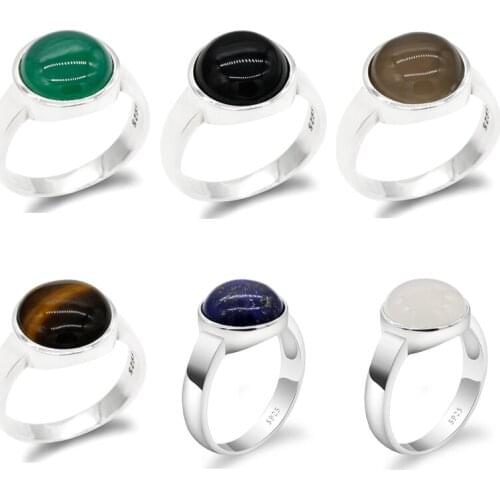 925 Sterling Silver Mens Ring Round Natural Agate/Lapis Lazuli/Tiger Eyes Stone Simple Ring for Men Women Lovers Jewelry Gift