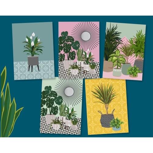 Plant and tile set, bright plant set, mini plant print