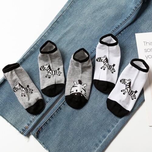 5 Pairs Black White Zebra Summer Cartoon Thin Women Casual Cotton Funny Animals Female Cute Kawayi Happy Girls Boat Socks