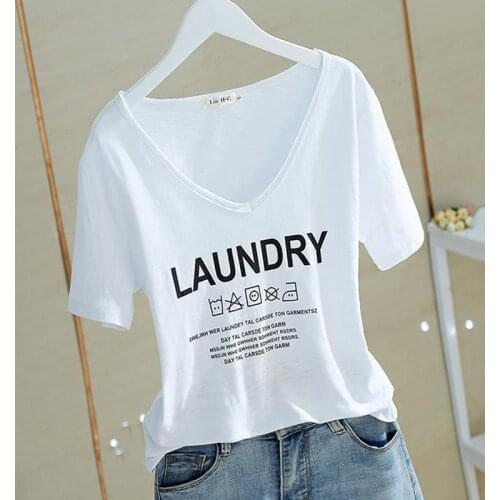 Cotton 2021 Summer New Slub Cotton V-neck Letter Printing All-match Short-sleeved T-shirt Womens Bottoming Shirt