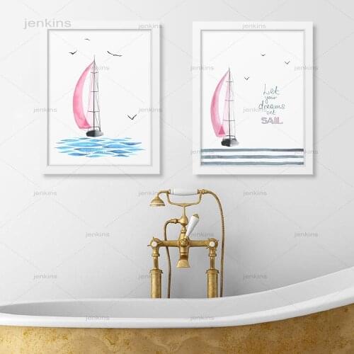 Watercolor Pinky Sailboat and Seabirds Posters and Prints Wall Art Canvas Painting Coastal Decoration Pictures for Girls Room