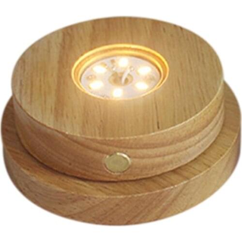 Q0KF LED Luminous Rotating Base Lights Crystal Glass Transparent Objects Display Round Wooden Stands Bases for Bar Supplies